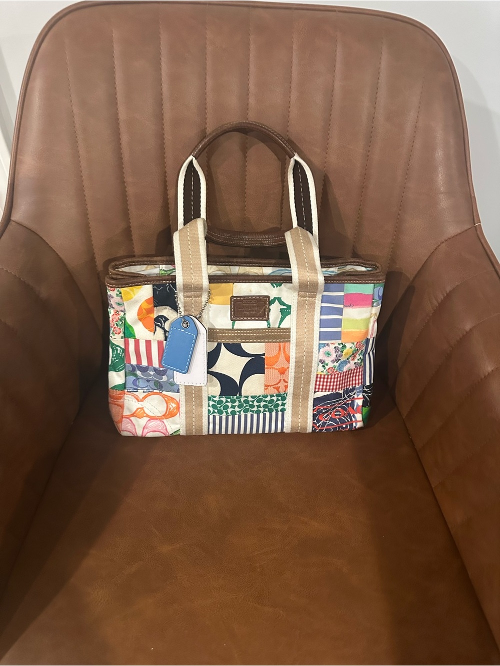 Patchwork Tote Bag with Beige Trim